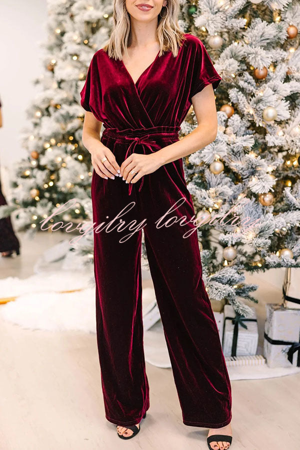 Holiday Star Velvet Lace Up Pocket Wide Leg Jumpsuit