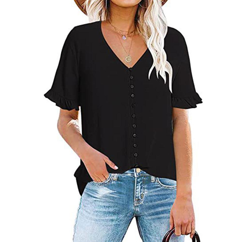 Women's Ruffle V-Neck Button-Down Shirt