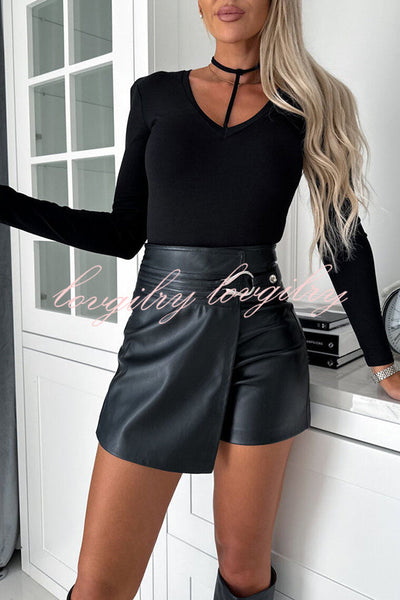 All about Fashion Faux Leather Wrap Metal Ring Mini Skort