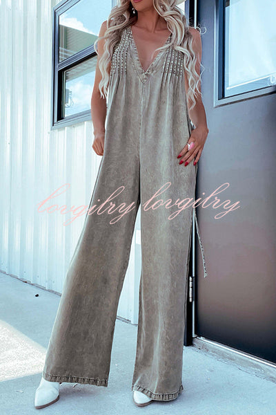 Solid Color Sexy V-neck Open Back Pleated Loose Denim Jumpsuit