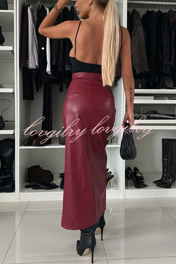 Excellent Partner Faux Leather High Rise Front Slit Stretch Midi Skirt