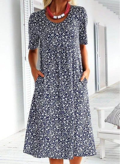 Acewonders™ Women's Floral Mid-Length Dress with Short Sleeves