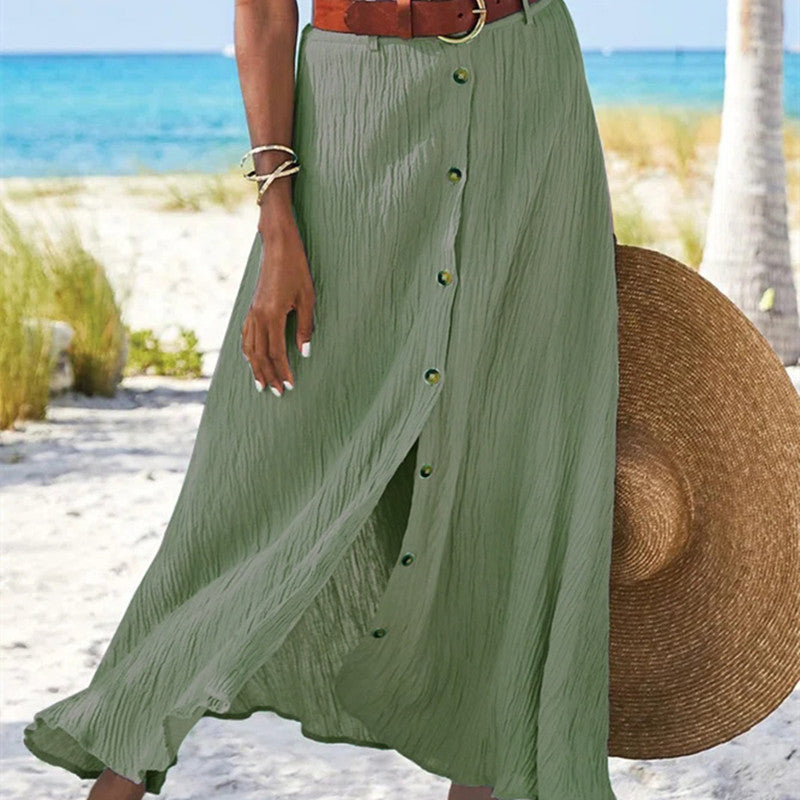 Women's Cotton Linen A-Line Hip Mid Waist Long Skirt