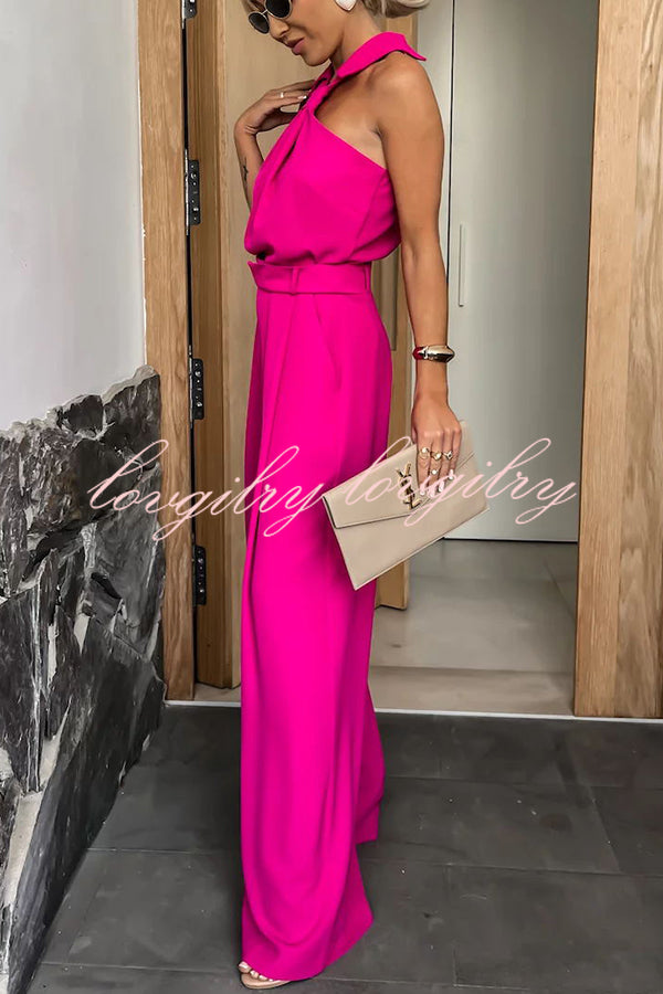 Fashionable Unique Look Halter Shirt Collar Wide Leg Jumpsuit