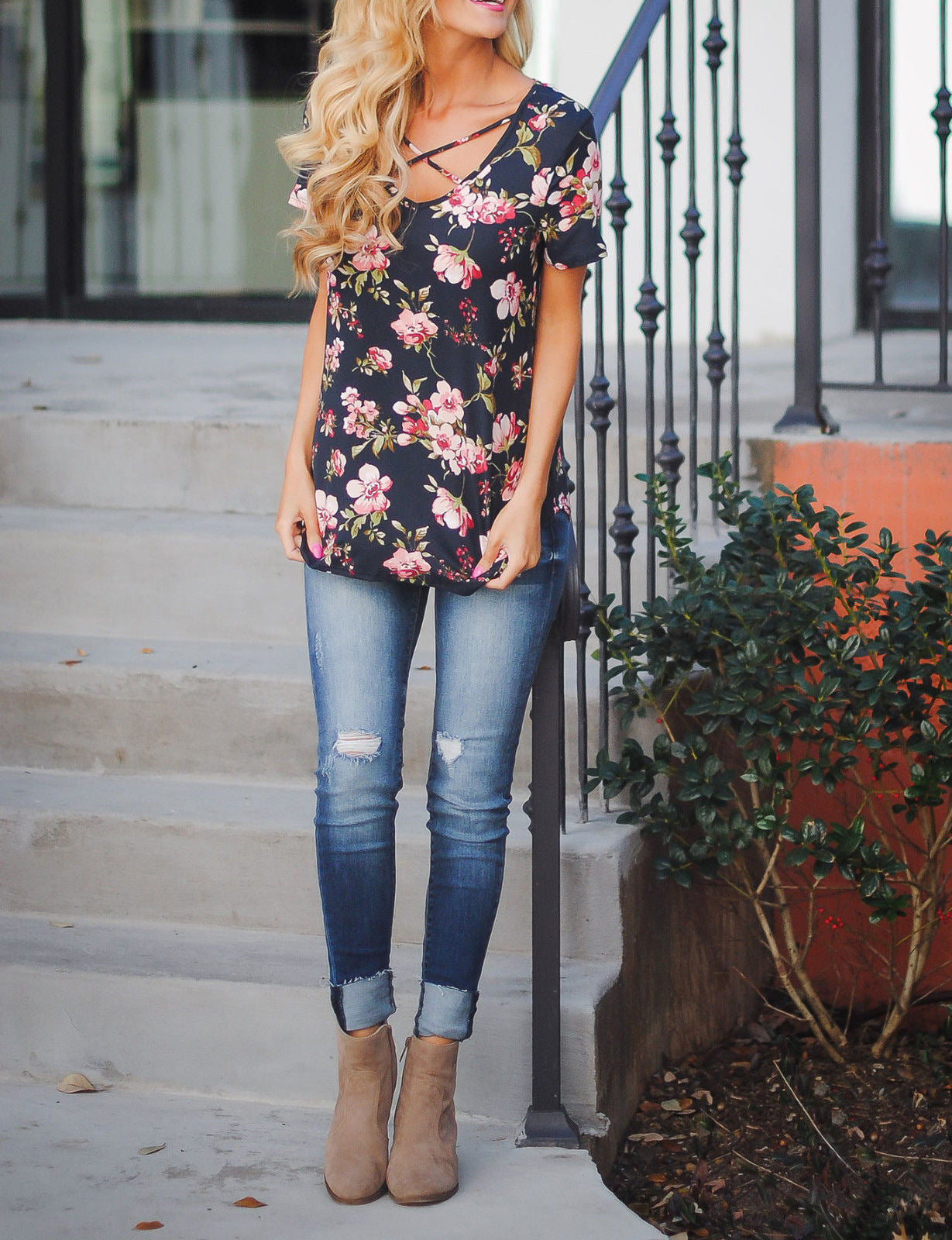 Flower Print Cross T-shirt