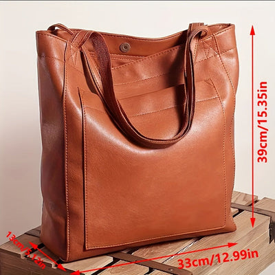 Retro Solid Color Tote Bag - Oil Leather PU, Multi-Pocket Shoulder Bag