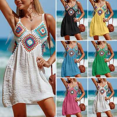 Sleeveless Bohemia Stitching Colorful Pattern V-neck Hollow Beach Dress