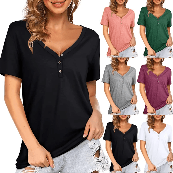 Summer V-neck Button T-shirt