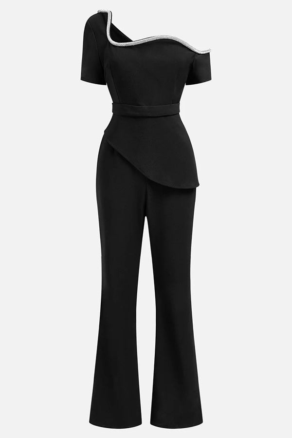 Solid Color Irregular One-shoulder Waist Slim Wide-leg Jumpsuit