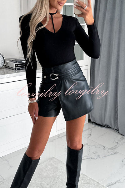 All about Fashion Faux Leather Wrap Metal Ring Mini Skort