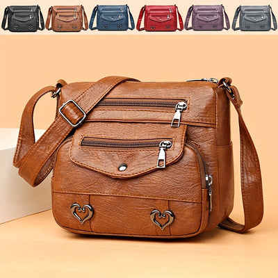 Retro Multi-Pocket Crossbody Bag - Soft Faux Leather, Heart Decor Shoulder Bag