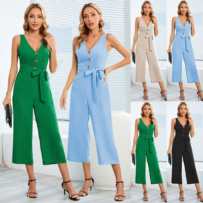 Slim Fit Elegance Sleeveless Button V-Neck Jumpsuit