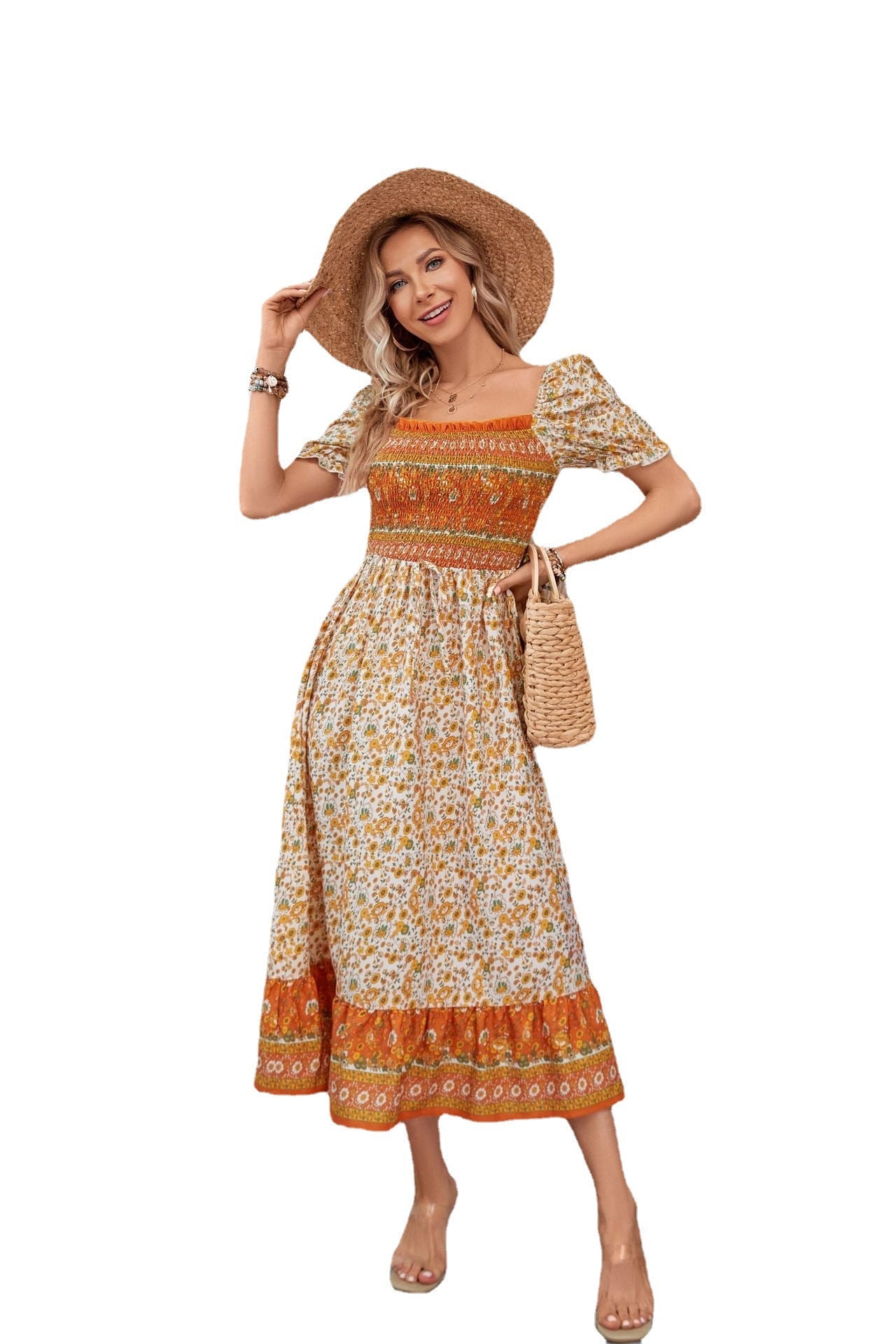 Bohemian Square Collar Puff Sleeve Printed Women's Dress