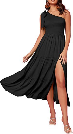 Summer Fashion Women's One-shoulder Pleated Layered Hem Split Dress