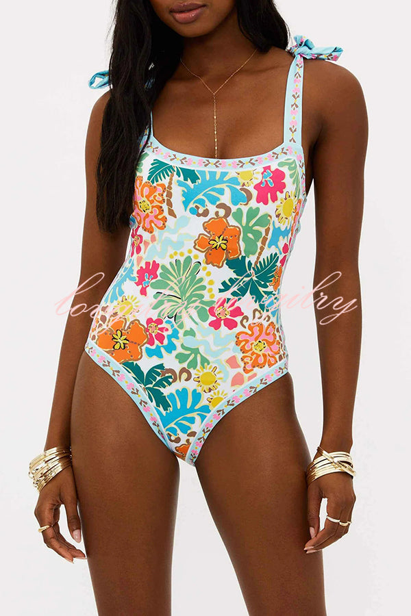 Tropical Sands Floral Unique Print Tie-up Shoulder Stretch One-piece Swimsuit