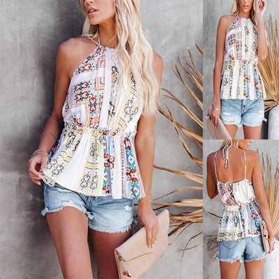 Summer Halterneck Print Vest Shirt Women's Top