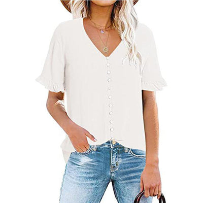 Women's Ruffle V-Neck Button-Down Shirt