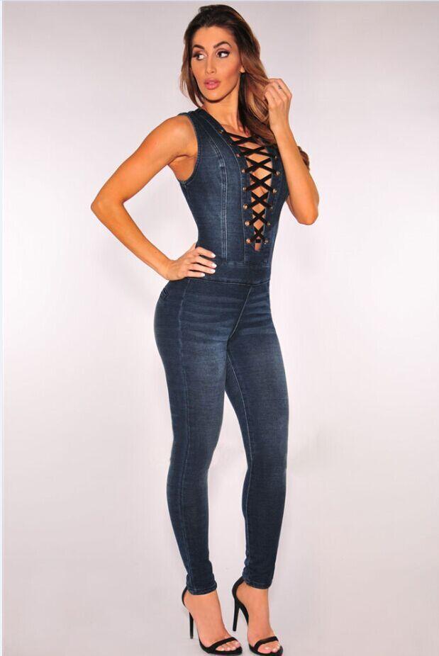 Denim Slim Breasts Set Eyelets Jumpsuit