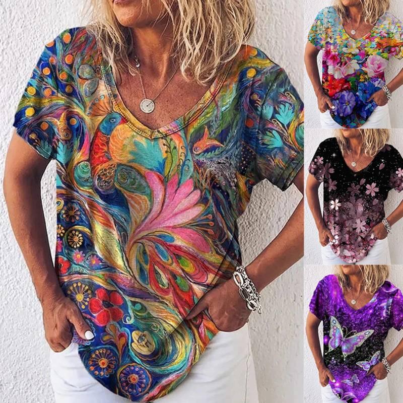 Summer Popular Floral Print Short-sleeved V-neck T-shirt