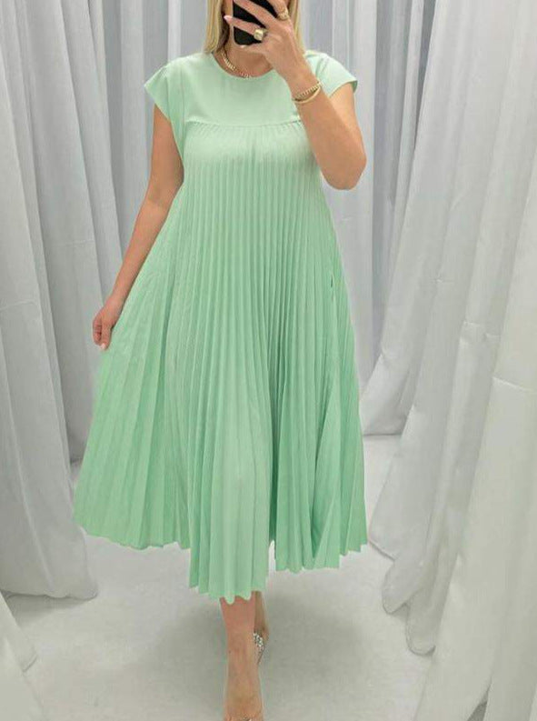 Short Sleeve Pleated Long Dress Summer Round Neck Dress Women's Clothing