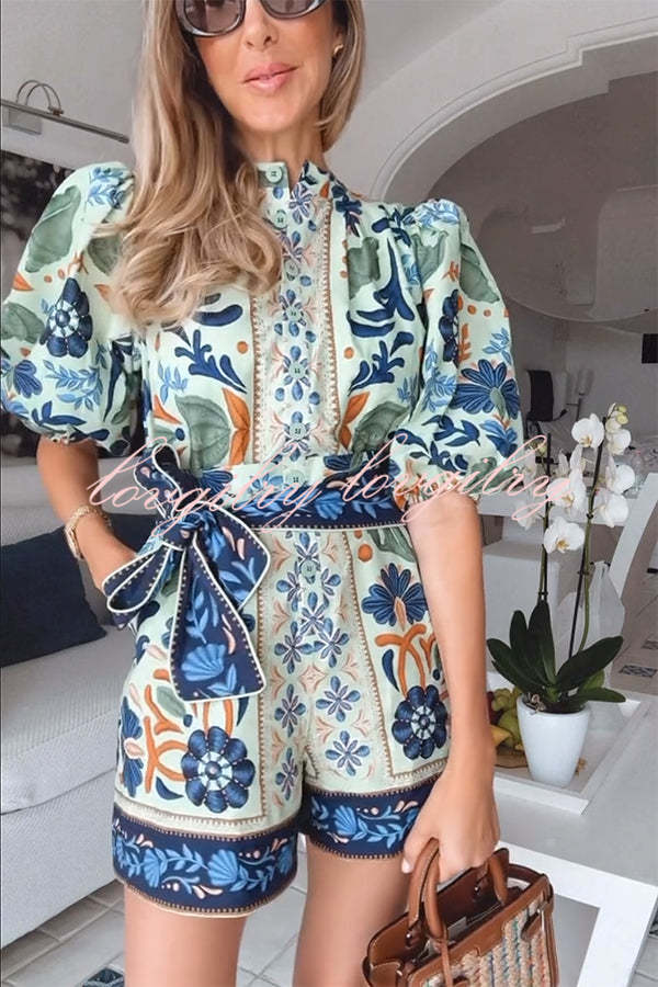 Elouise Linen Blend Unique Print Button Puff Sleeves Tie-up Pocketed Romper