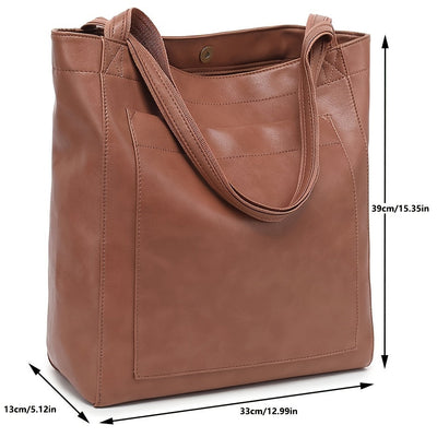 Retro Solid Color Tote Bag - Oil Leather PU, Multi-Pocket Shoulder Bag