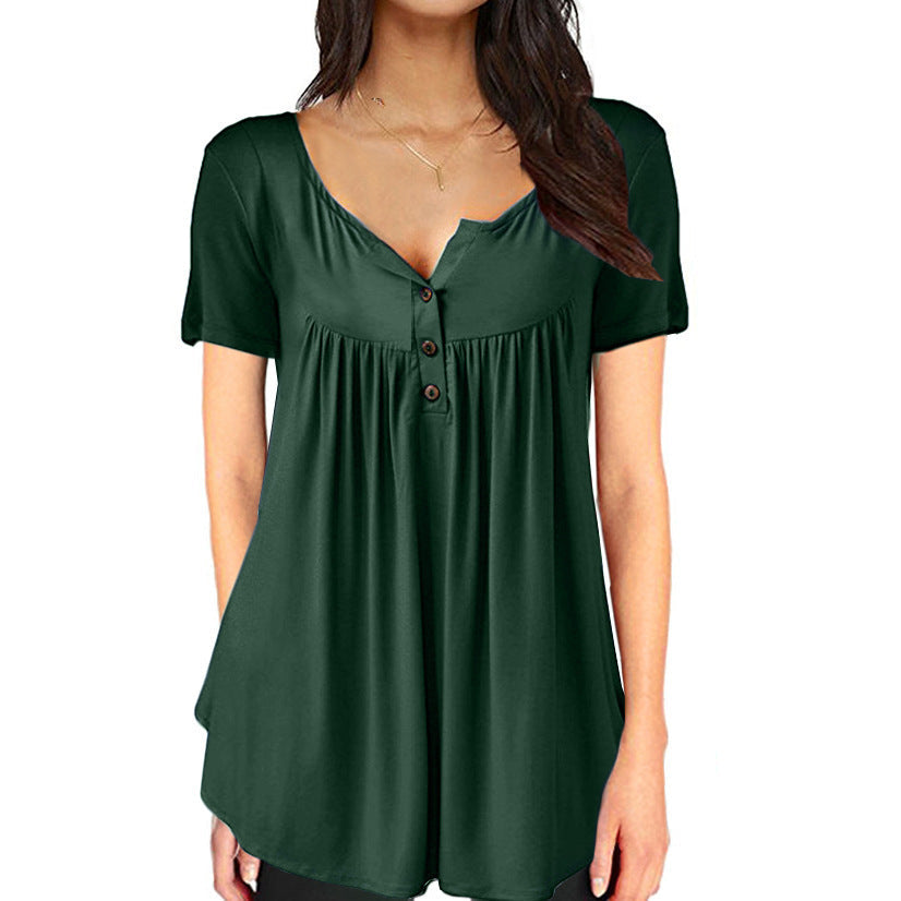 Solid Color Pleated Button Loose Short Sleeved Women's T-Shirt