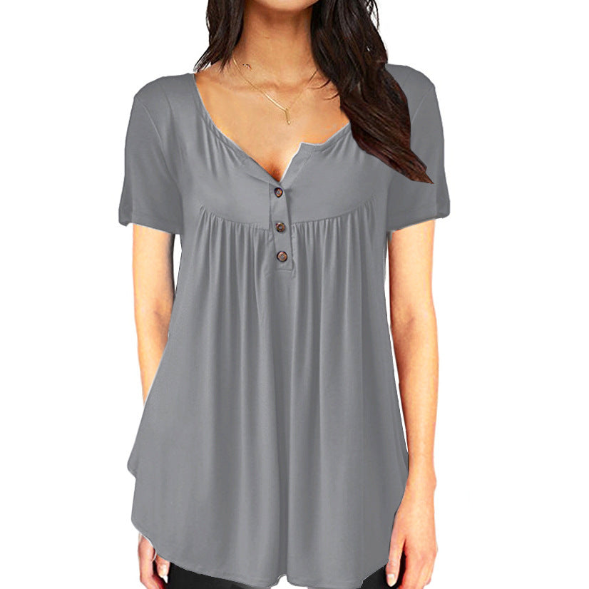 Solid Color Pleated Button Loose Short Sleeved Women's T-Shirt