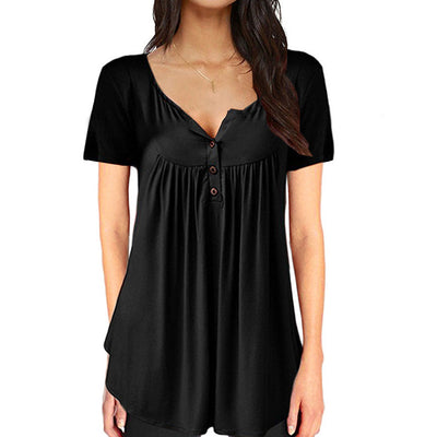 Solid Color Pleated Button Loose Short Sleeved Women's T-Shirt