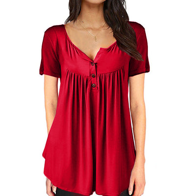 Solid Color Pleated Button Loose Short Sleeved Women's T-Shirt