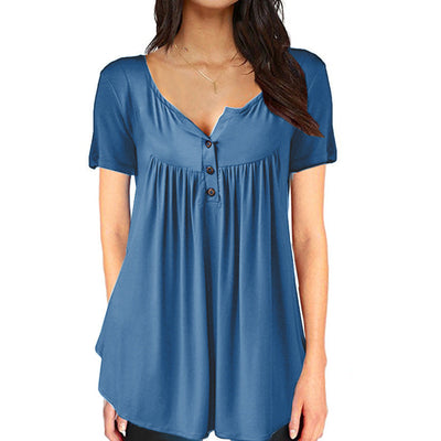 Solid Color Pleated Button Loose Short Sleeved Women's T-Shirt