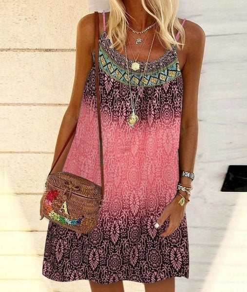 Summer Printed Loose Strap Chiffon Dress