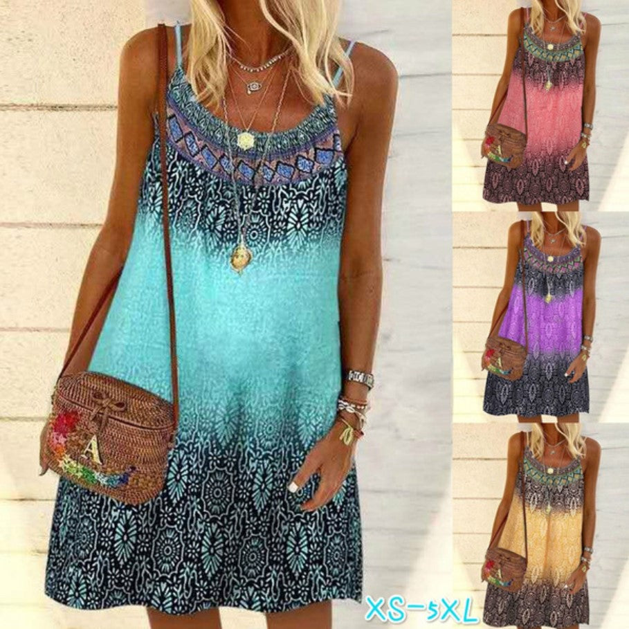 Summer Printed Loose Strap Chiffon Dress