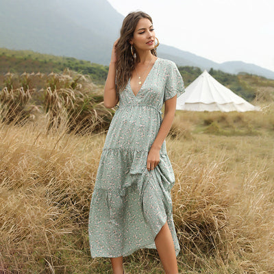 Long Summer Boho Sexy Flowers Dress With V-neck