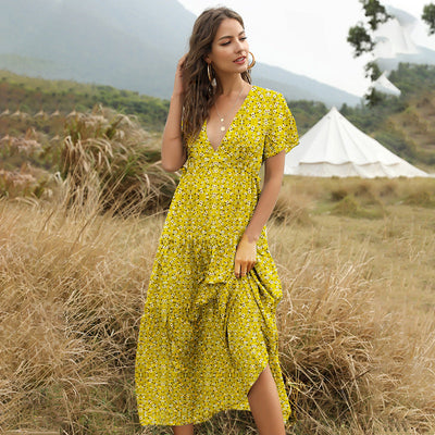 Long Summer Boho Sexy Flowers Dress With V-neck