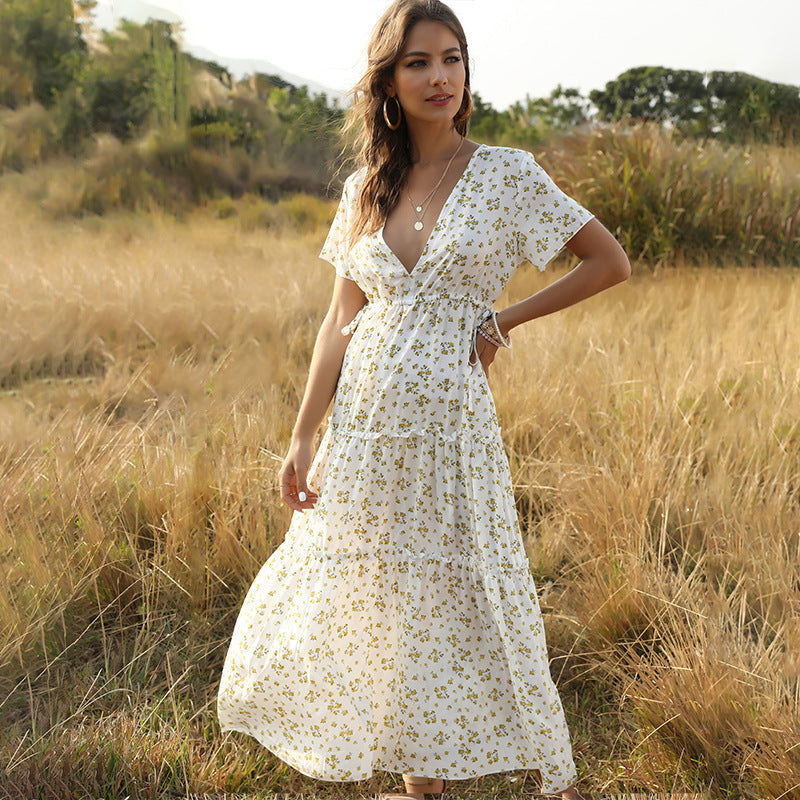 Long Summer Boho Sexy Flowers Dress With V-neck