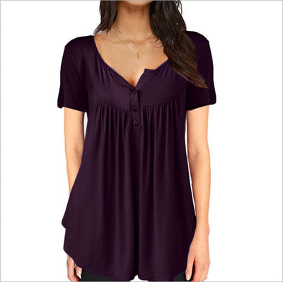 Solid Color Pleated Button Loose Short Sleeved Women's T-Shirt