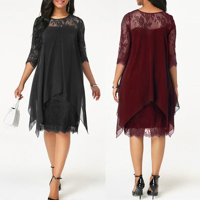 Lace Stitching Three-quarter Sleeves Mid-length Knee-length Chiffon