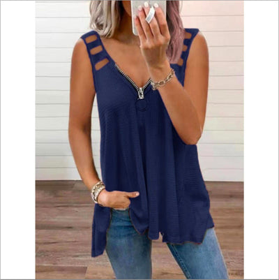 Sexy V-Neck Zipper Sleeveless Vest Solid Color T-Shirt