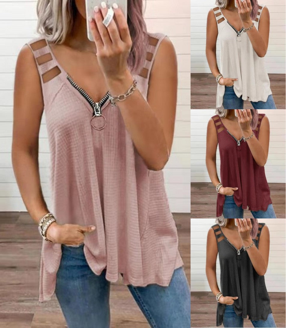 Sexy V-Neck Zipper Sleeveless Vest Solid Color T-Shirt