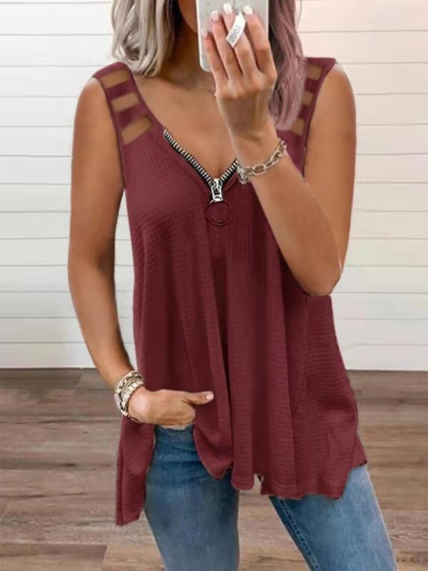 Sexy V-Neck Zipper Sleeveless Vest Solid Color T-Shirt