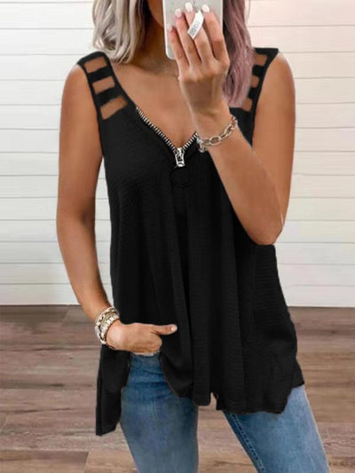 Sexy V-Neck Zipper Sleeveless Vest Solid Color T-Shirt