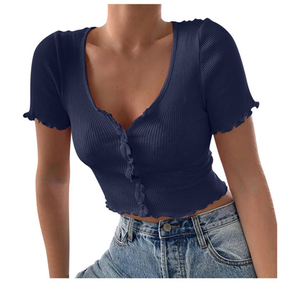 V-Neck Ruffles Short Sleeve Button Crop Top T-Shirt