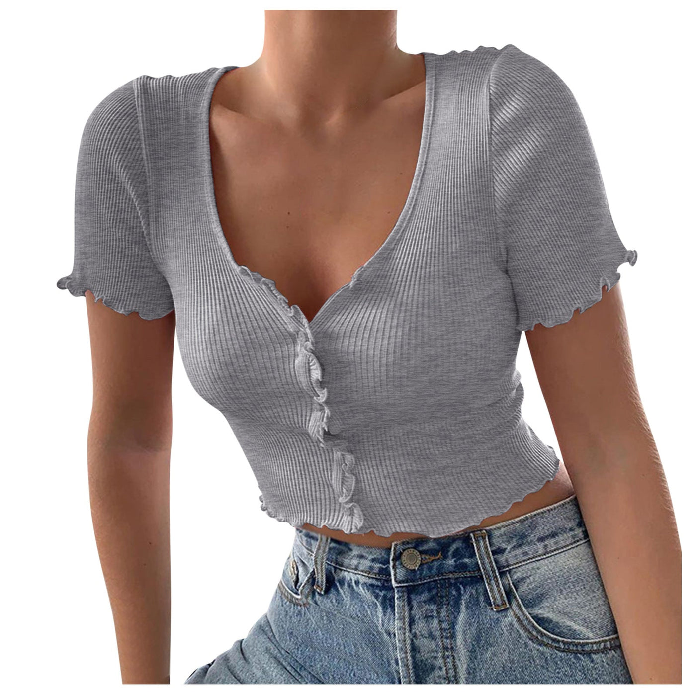 V-Neck Ruffles Short Sleeve Button Crop Top T-Shirt