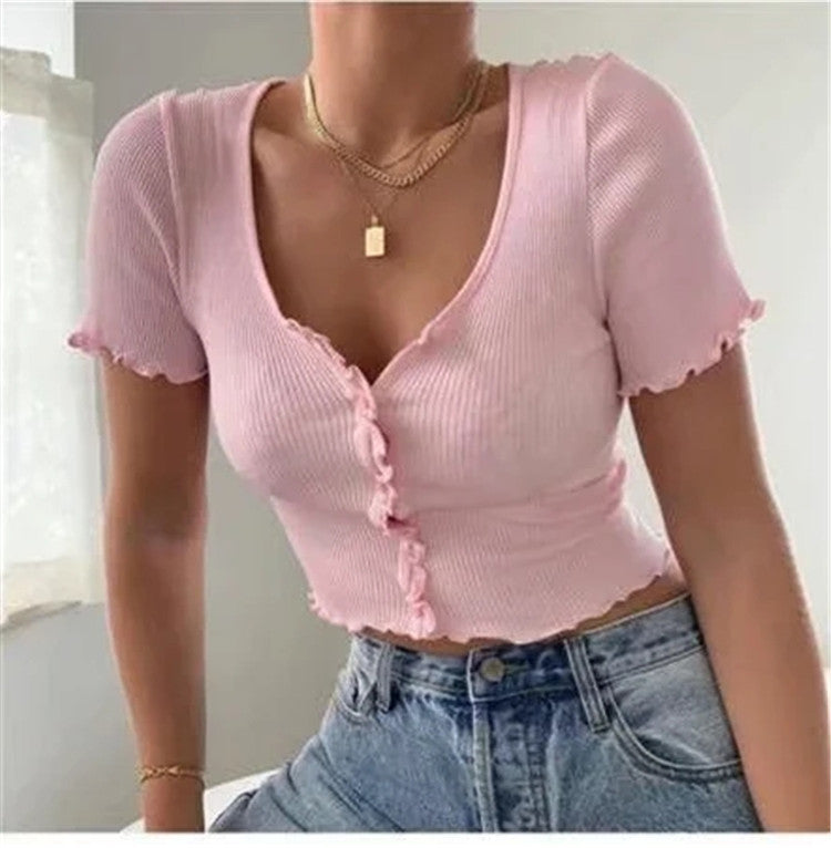 V-Neck Ruffles Short Sleeve Button Crop Top T-Shirt