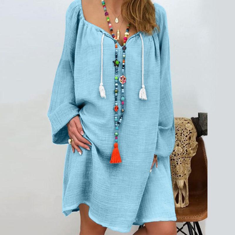 Cotton Linen Neckline Loose-Fitting Dress