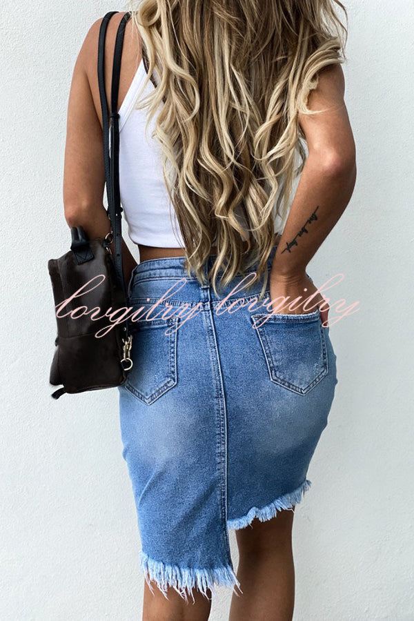 High Waist Ripped Irregular Denim Skirt