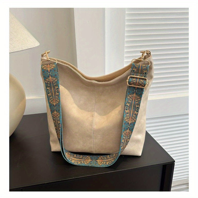 Boho Chic Shoulder Bag - Large Capacity, Vintage Wide Strap Crossbody Tote