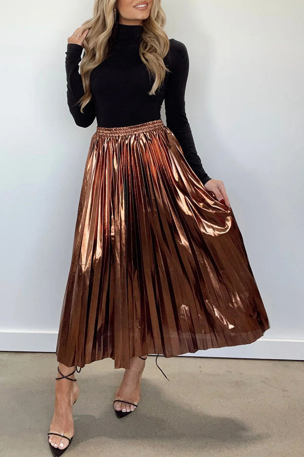 Yuletide Glow  Metallic Fabric Pleated Elastic Waist Midi Skirt