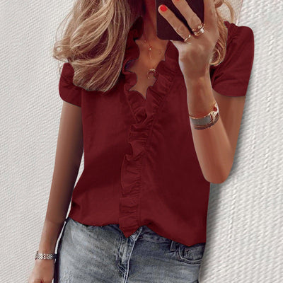 Solid Color V-Neck Short Sleeve Ruffle Shirt